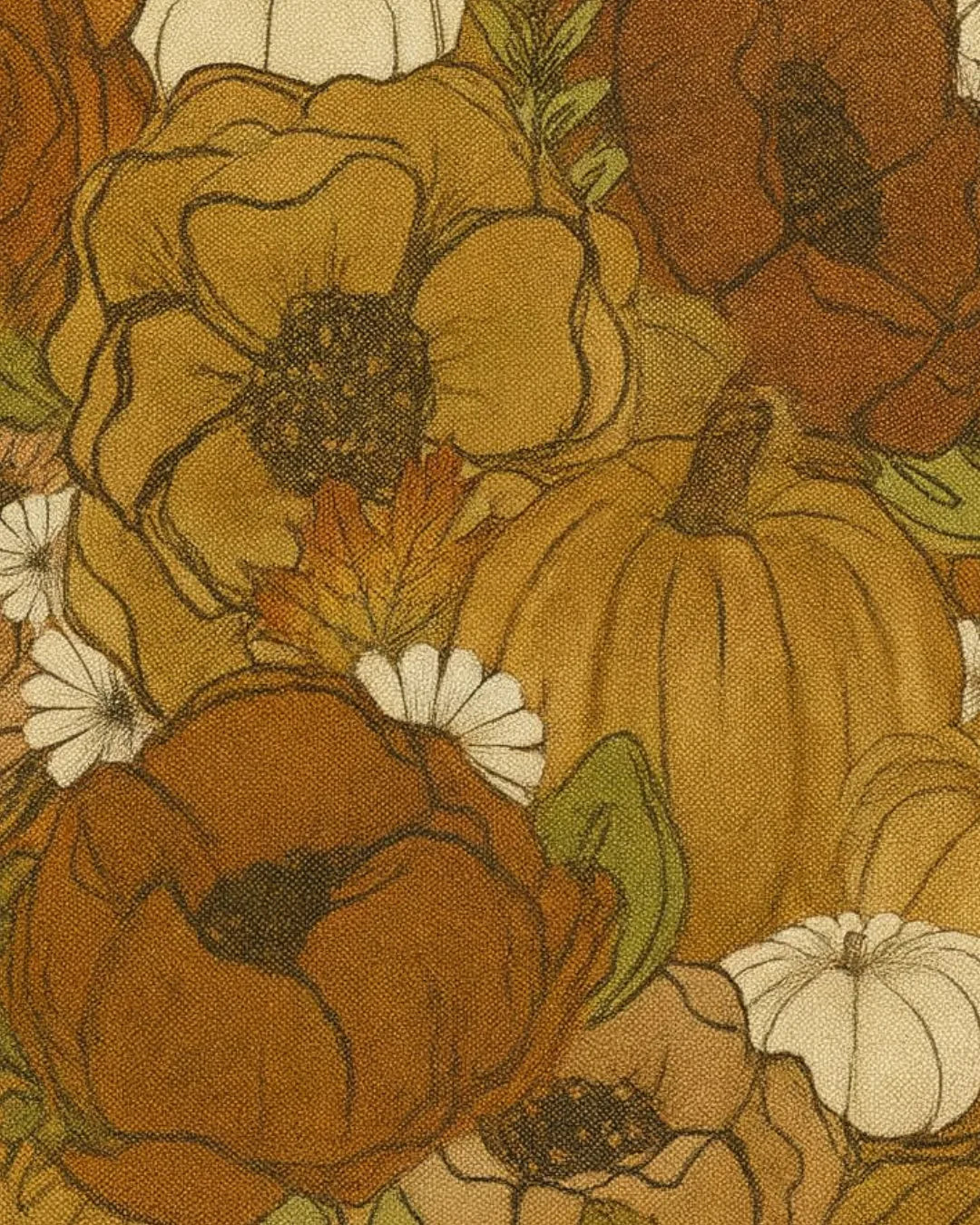 Rustic farmhouse fall rug with oversized florals and seasonal pumpkins.