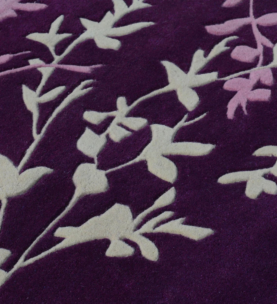 Modern purple wool rug with botanical floral pattern