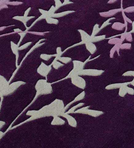 Modern purple wool rug with botanical floral pattern