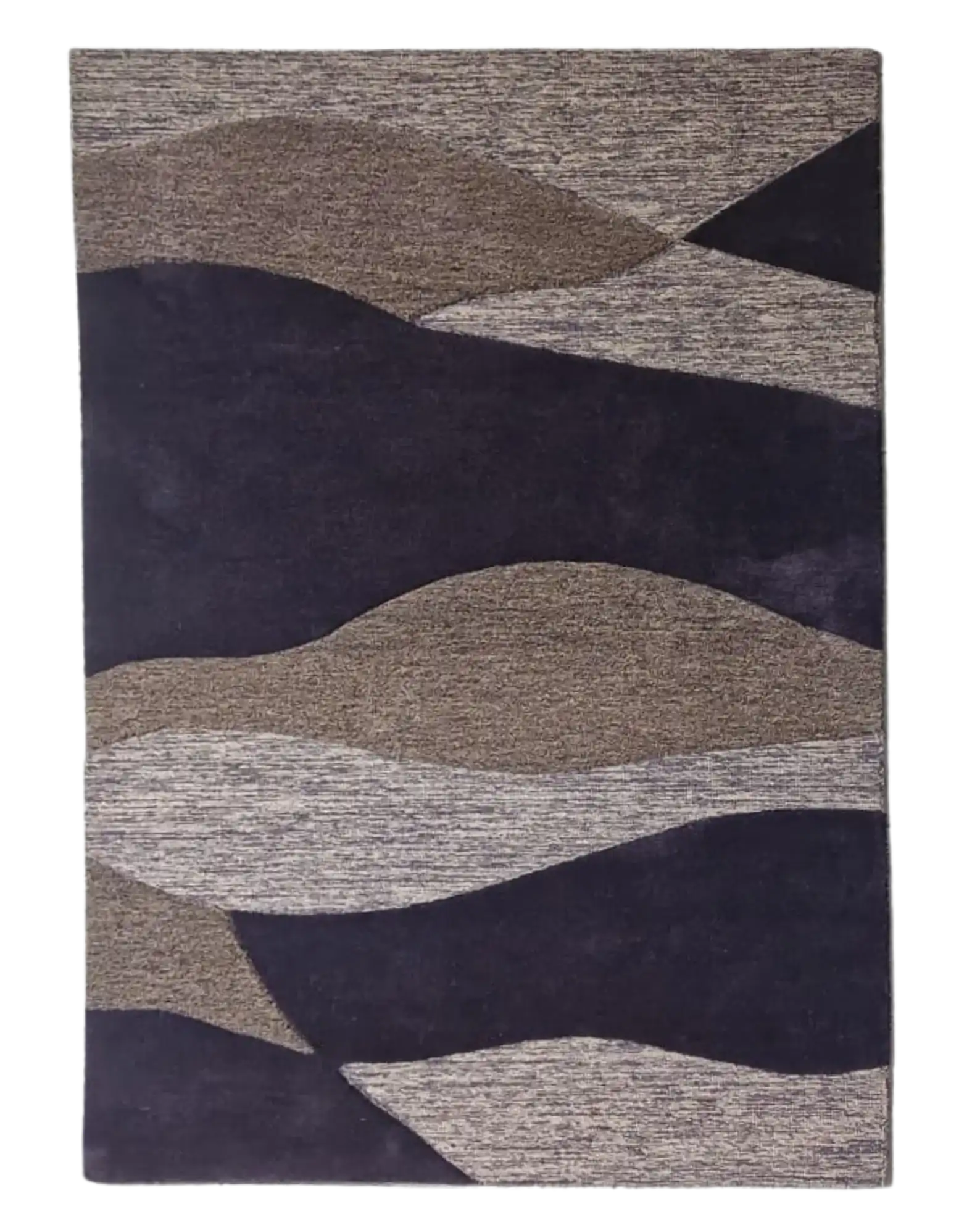 Purple and beige modern wave pattern hand tufted rug with textured design for living room decor.