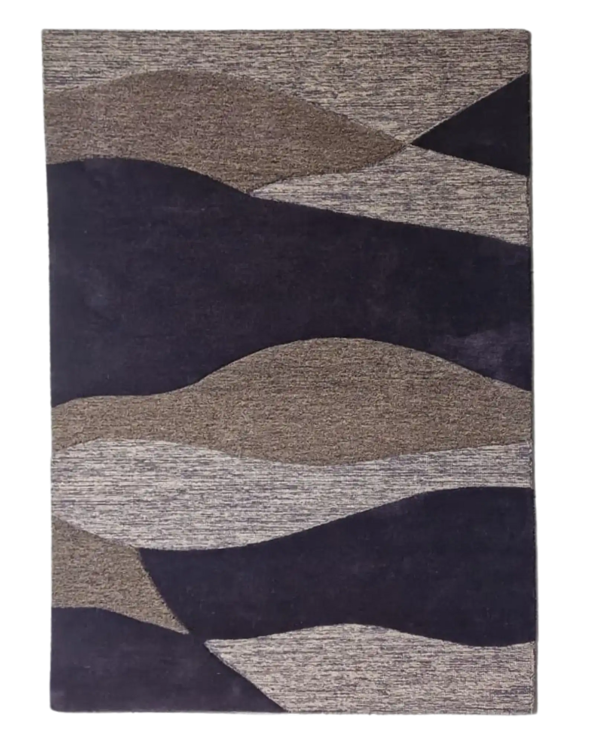 Purple and beige modern wave pattern hand tufted rug with textured design for living room decor.