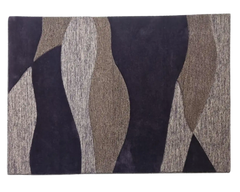 Contemporary plum and neutral beige abstract wave rug, soft hand tufted wool floor decor.