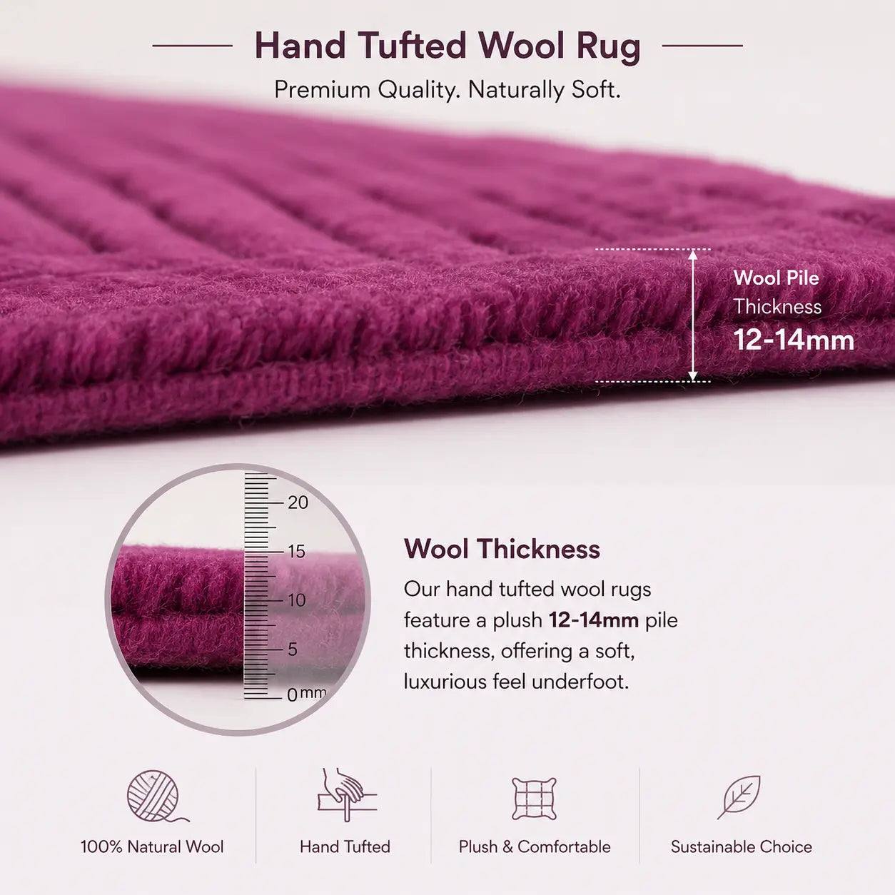 Purple hand tufted wool rug with text and measurements on a white background