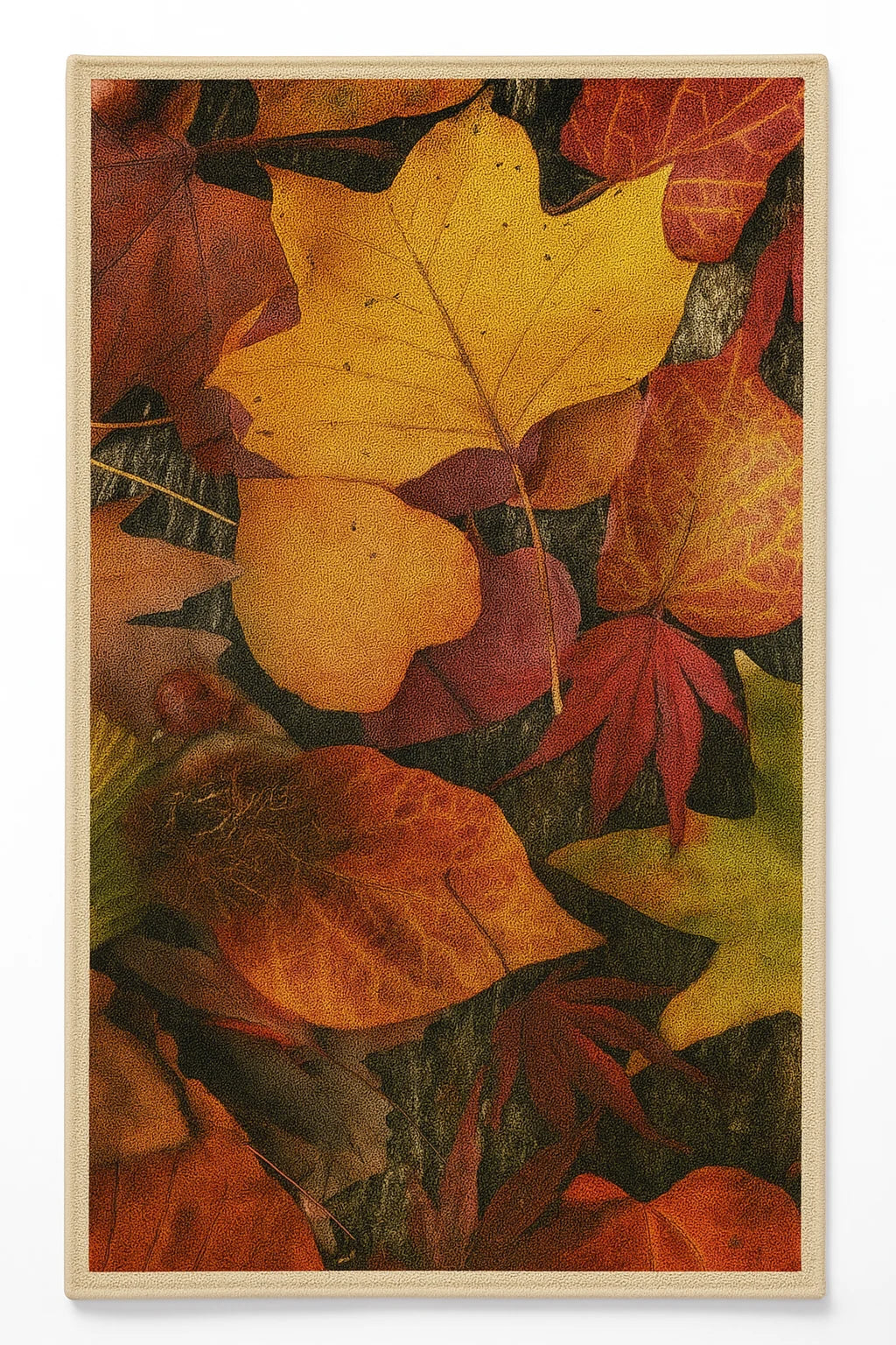 Realistic autumn leaf rug with golden and crimson leaves, machine washable.