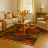 Cozy living room with beige sofa, armchair, autumn leaf rug, wooden coffee table, orange decor