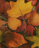 Close-up of a realistic autumn leaf rug featuring various colorful fall leaves in orange, yellow, and red hues
