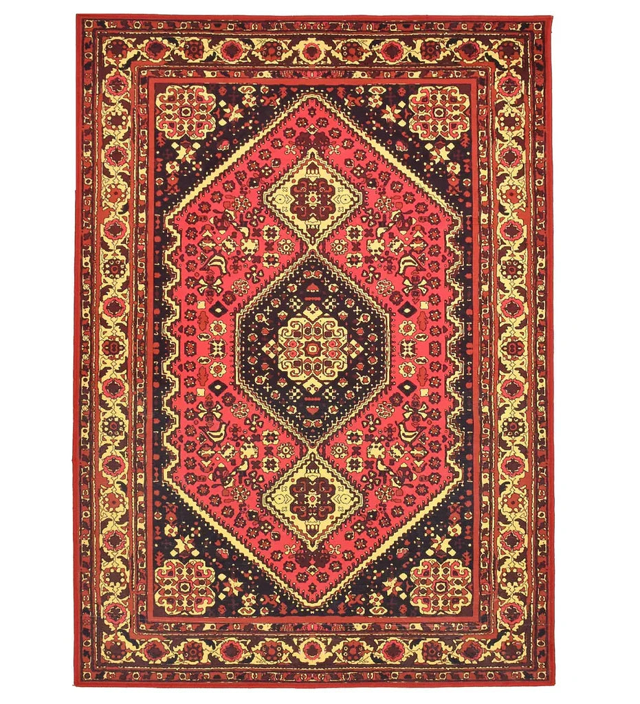 Red antique rug with ornate vintage patterns.