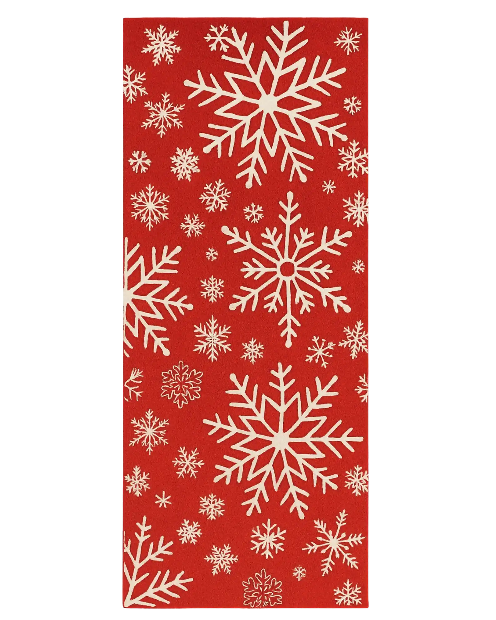 Hand-tufted red Christmas runner rug with ivory snowflake patterns.