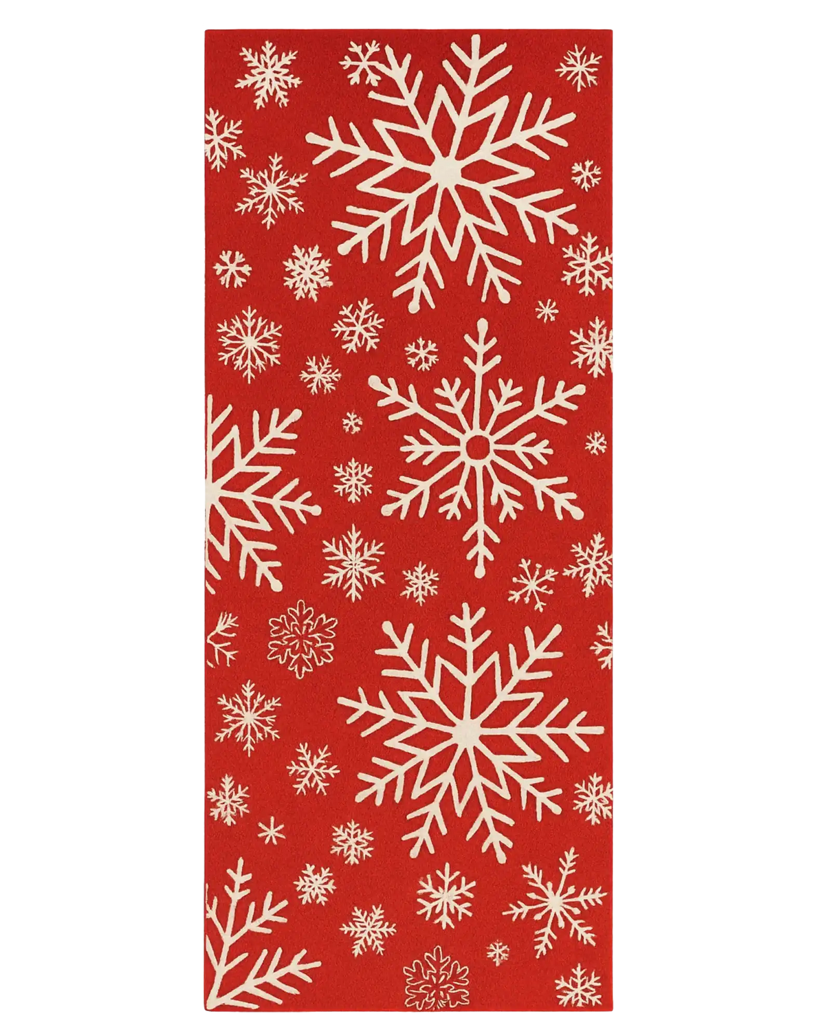 Hand-tufted red Christmas runner rug with ivory snowflake patterns.
