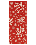 Hand-tufted red Christmas runner rug with ivory snowflake patterns.