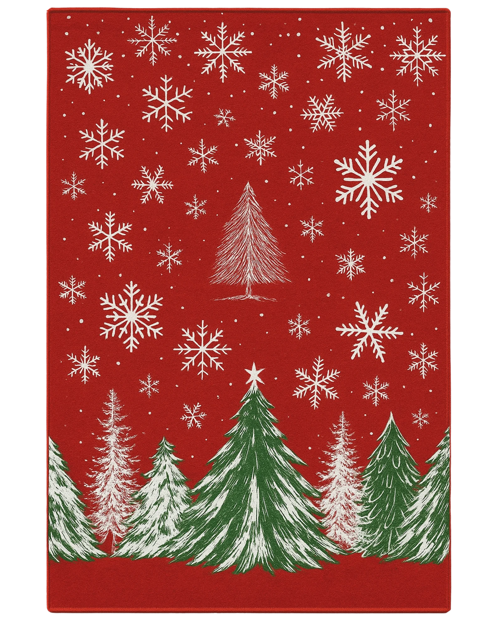 Red Christmas rug with white snowflakes and green pine tree design