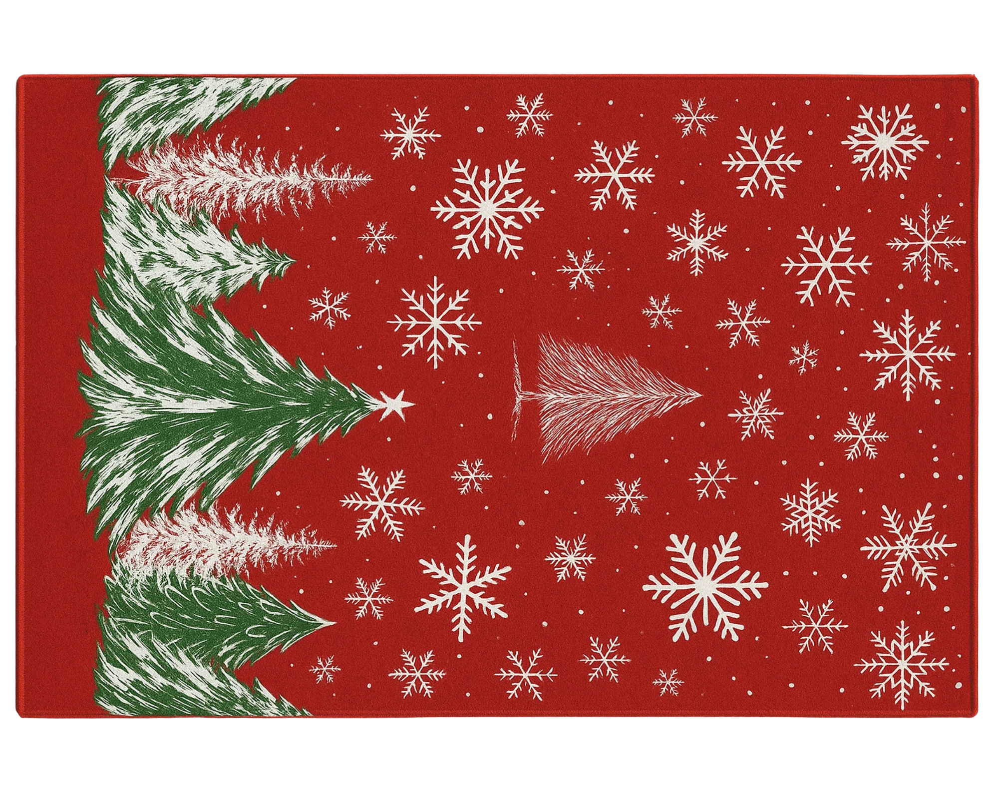 Festive holiday washable rug featuring snowflakes and Christmas trees