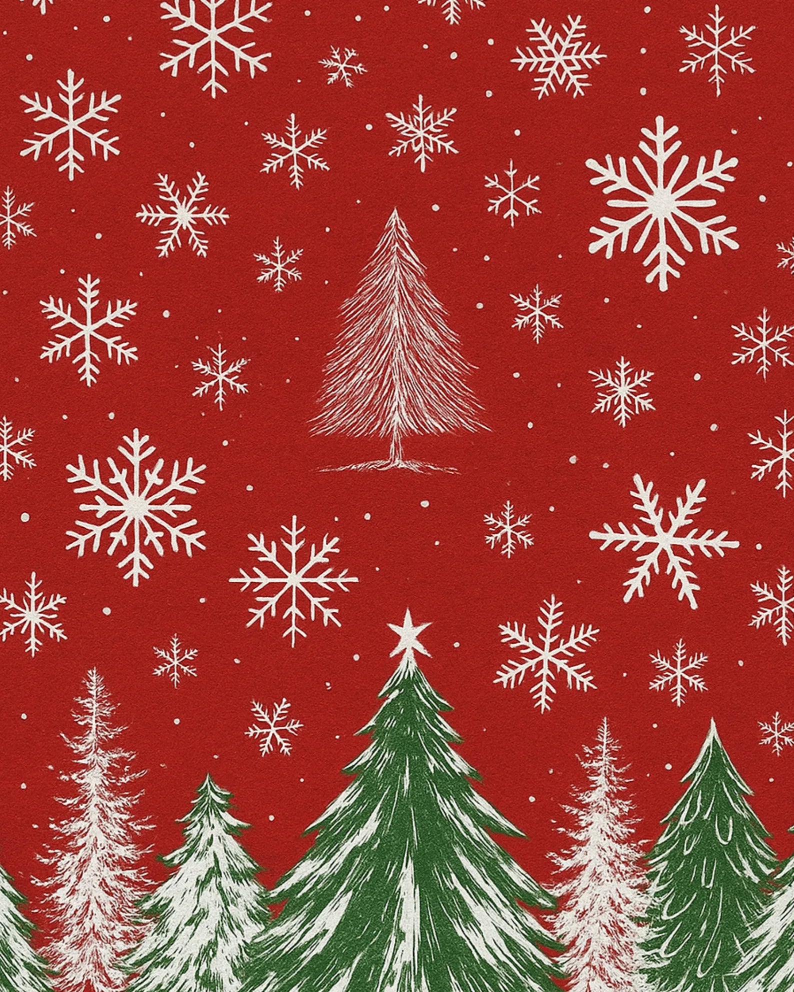 Machine washable red rug with winter snowflake and tree pattern