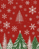 Machine washable red rug with winter snowflake and tree pattern