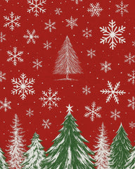 Machine washable red rug with winter snowflake and tree pattern