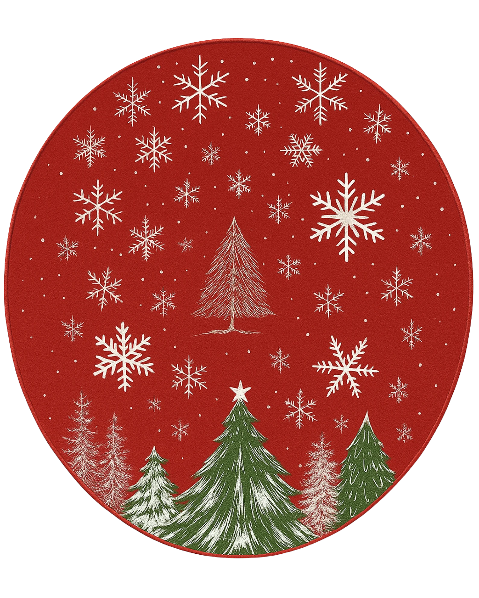 Christmas area round rug with red background and holiday pine tree motif
