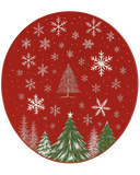 Christmas area round rug with red background and holiday pine tree motif
