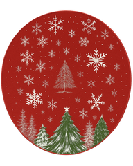 Christmas area round rug with red background and holiday pine tree motif
