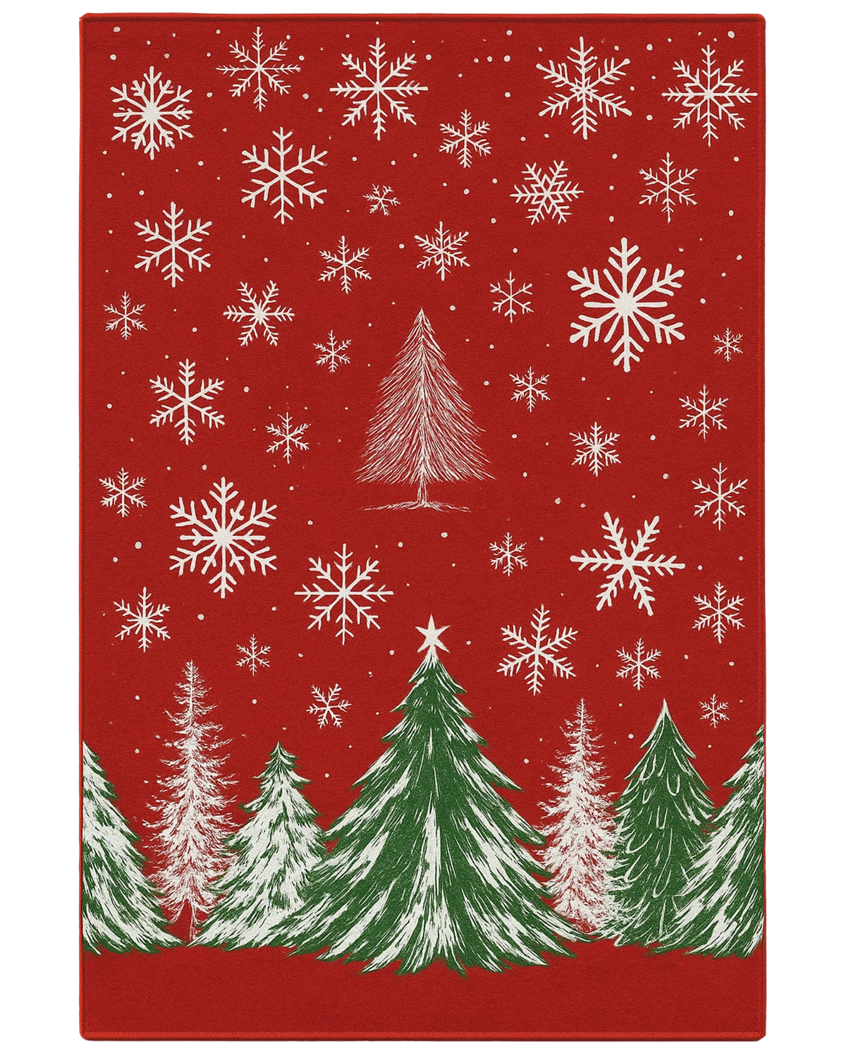 Red Christmas rug with white snowflakes and green pine tree design