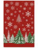 Red Christmas rug with white snowflakes and green pine tree design