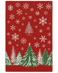 Red Christmas rug with white snowflakes and green pine tree design