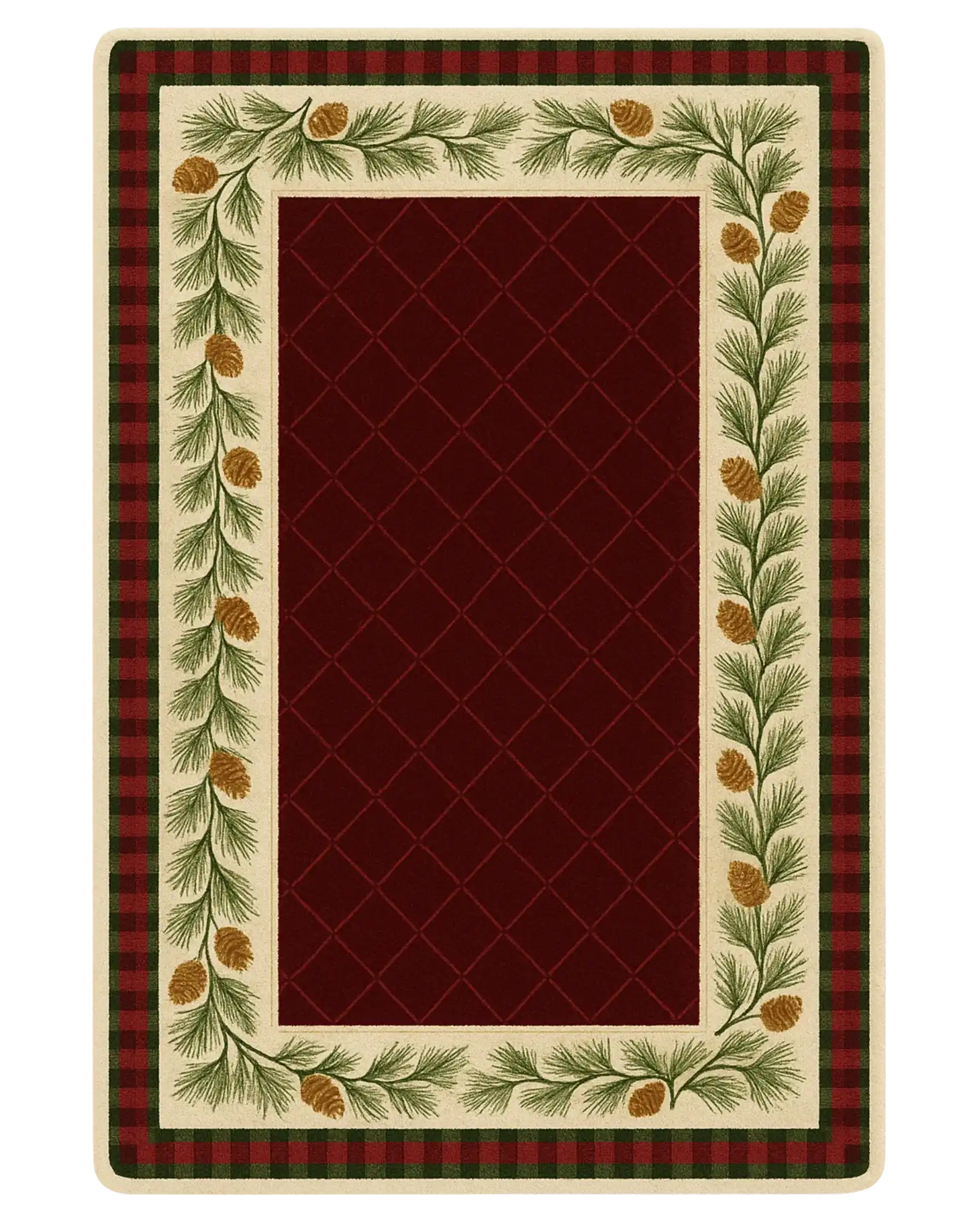 Hand-tufted red plaid Christmas rug with pinecone border.