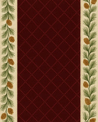 Red Christmas area rug with pine bough and pinecone design.