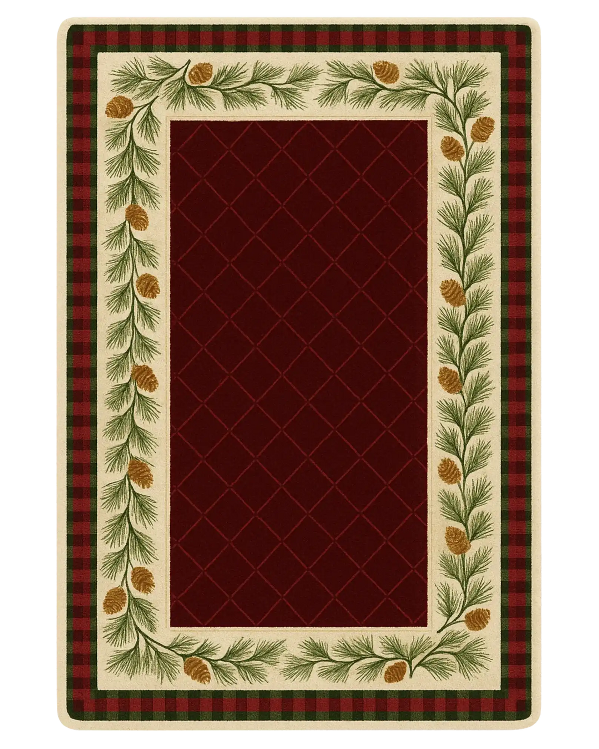 Hand-tufted red plaid Christmas rug with pinecone border.