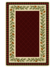 Hand-tufted red plaid Christmas rug with pinecone border.