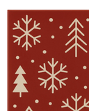 Modern red Christmas rug with festive snowflake and tree icons.