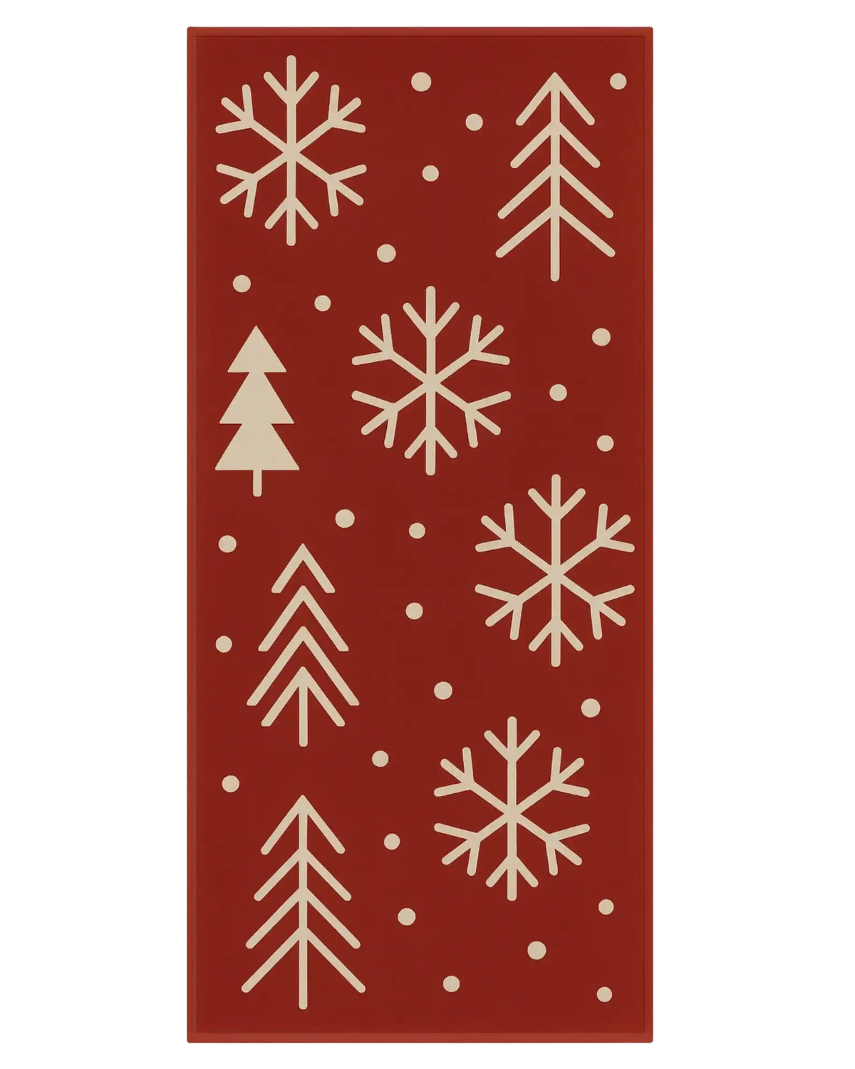 Red Christmas runner rug with beige snowflakes and modern tree motifs.