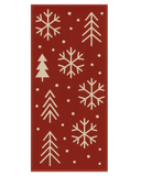 Red Christmas runner rug with beige snowflakes and modern tree motifs.
