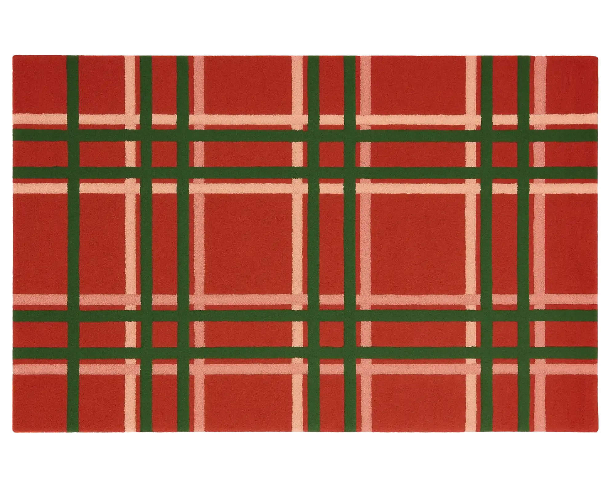 Premium wool holiday rug featuring festive plaid design.