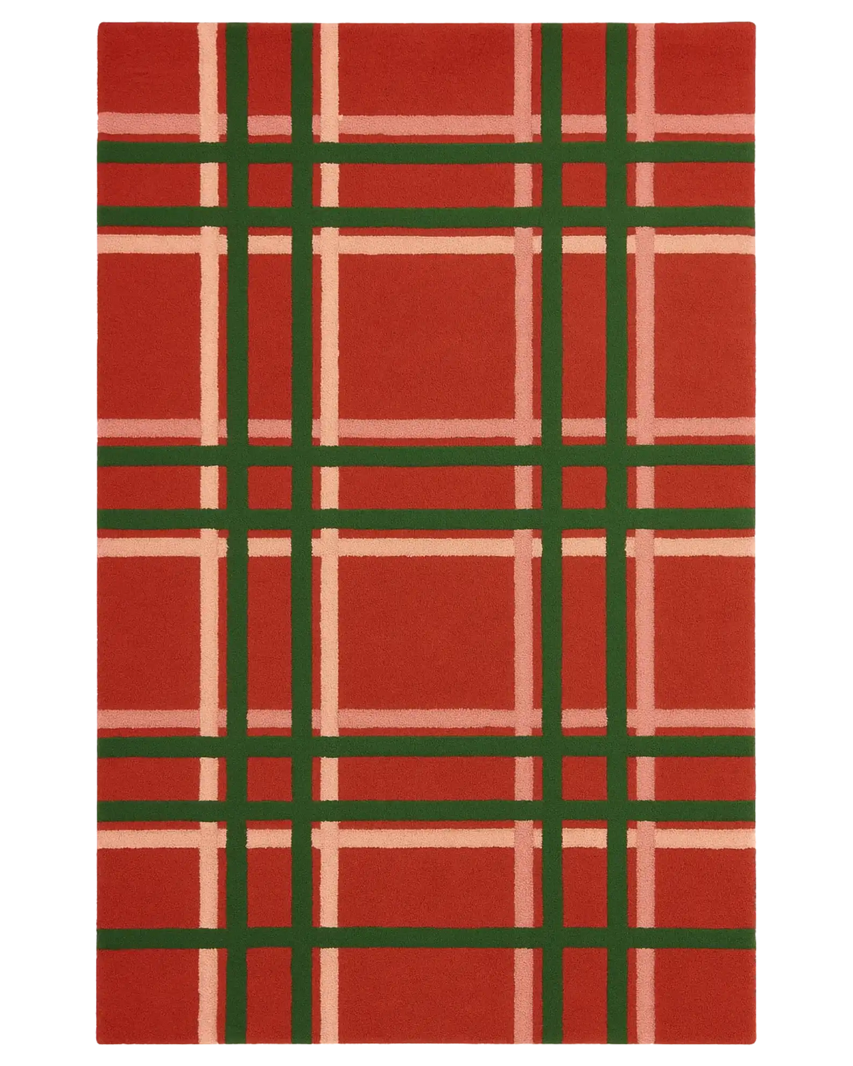 Hand-tufted plaid Christmas rug with red and green tartan pattern.