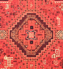 Rustic bohemian rug with traditional tribal patterns.