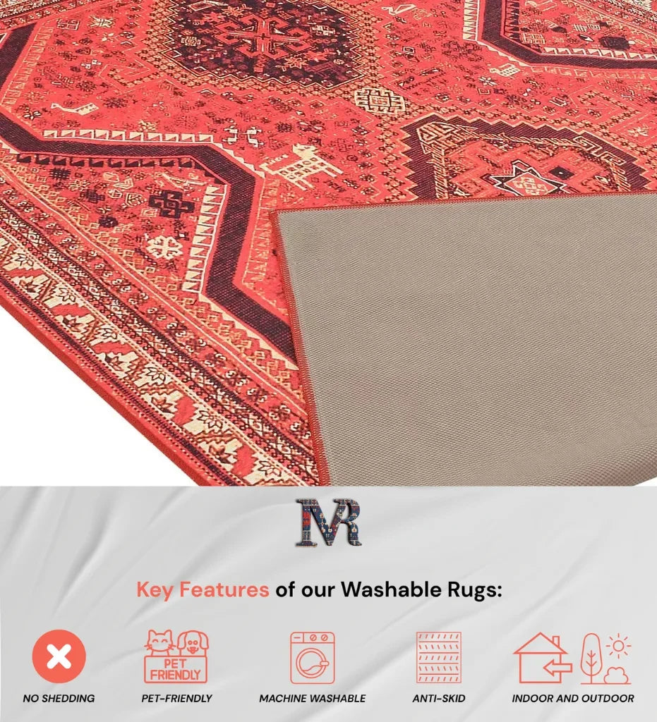 Geometric red rug perfect for eclectic interiors.