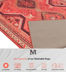 Geometric red rug perfect for eclectic interiors.