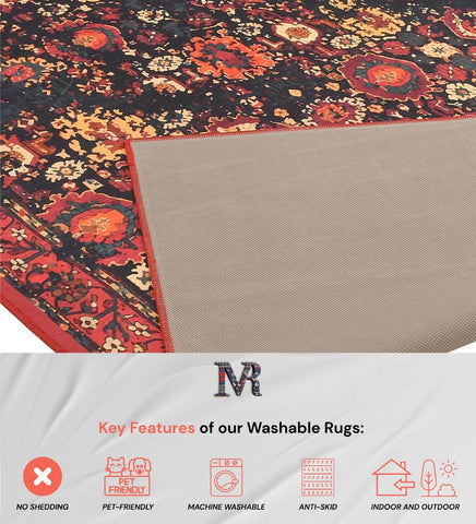 Elegant red distressed rug perfect for rustic and classic spaces.