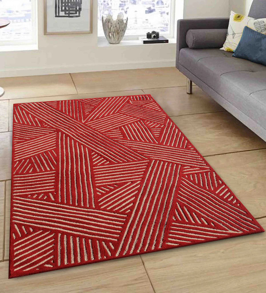 Luxury red wool area rug featuring overlapping beige stripe pattern.