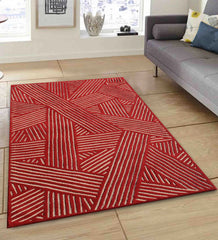 Luxury red wool area rug featuring overlapping beige stripe pattern.