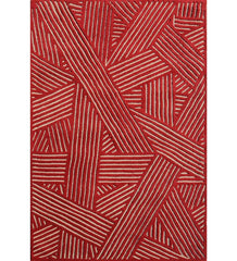 Red and beige hand-tufted wool rug with modern abstract line weave design.