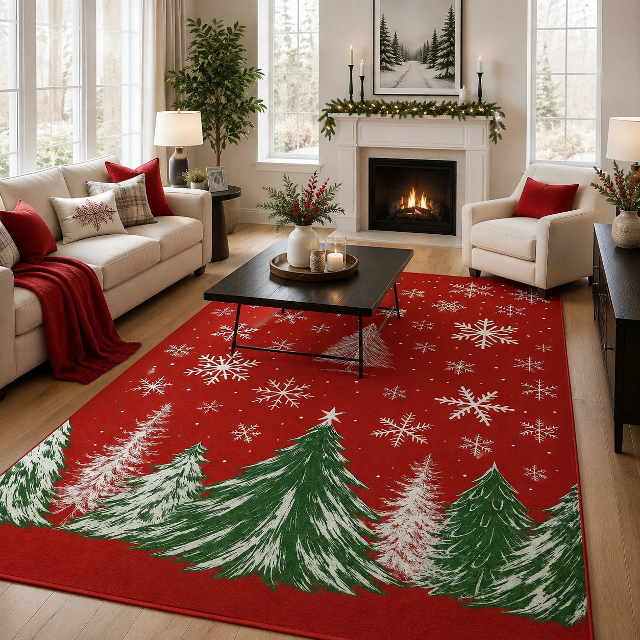 red  christmas tree rug
