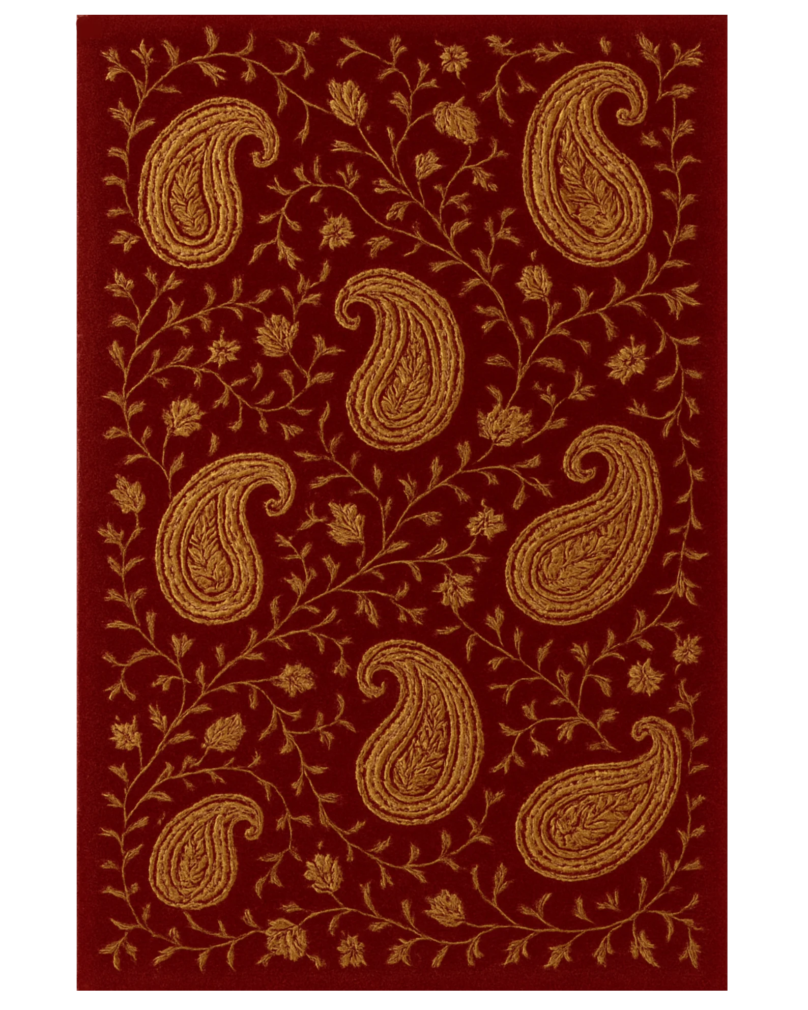 Red and gold hand-tufted wool paisley area rug with floral detailing.