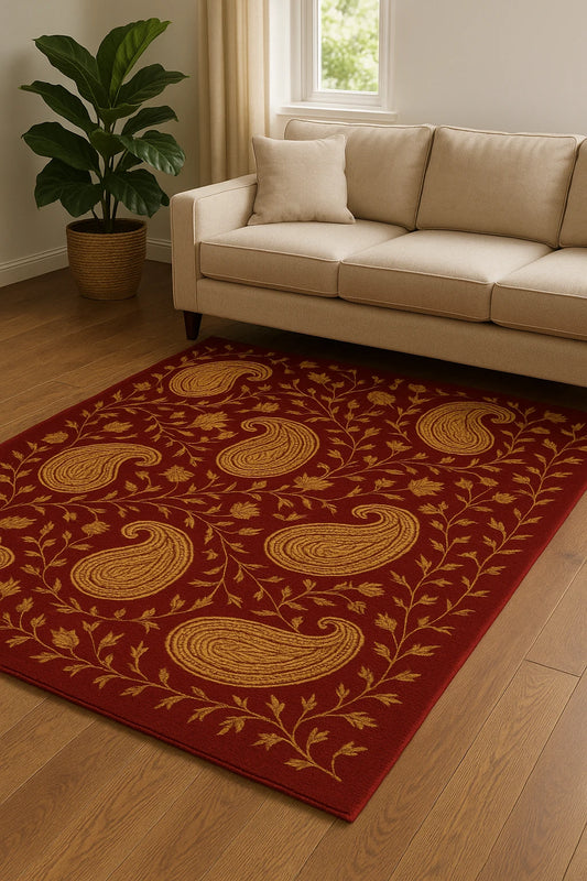 Luxury red paisley area rug made from premium wool.