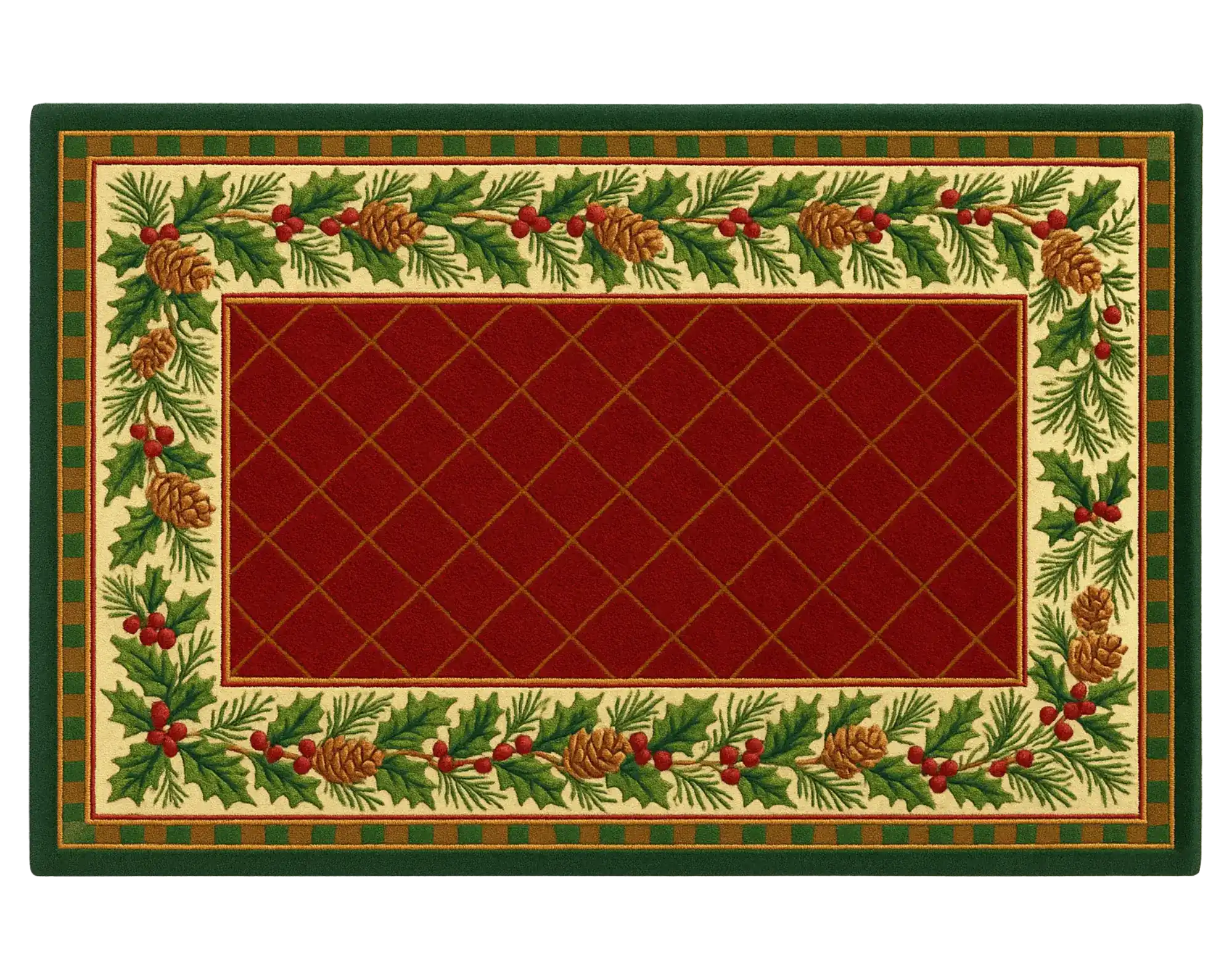 Red holiday rug featuring holly, berries, and pinecone trim.
