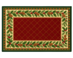 Red holiday rug featuring holly, berries, and pinecone trim.