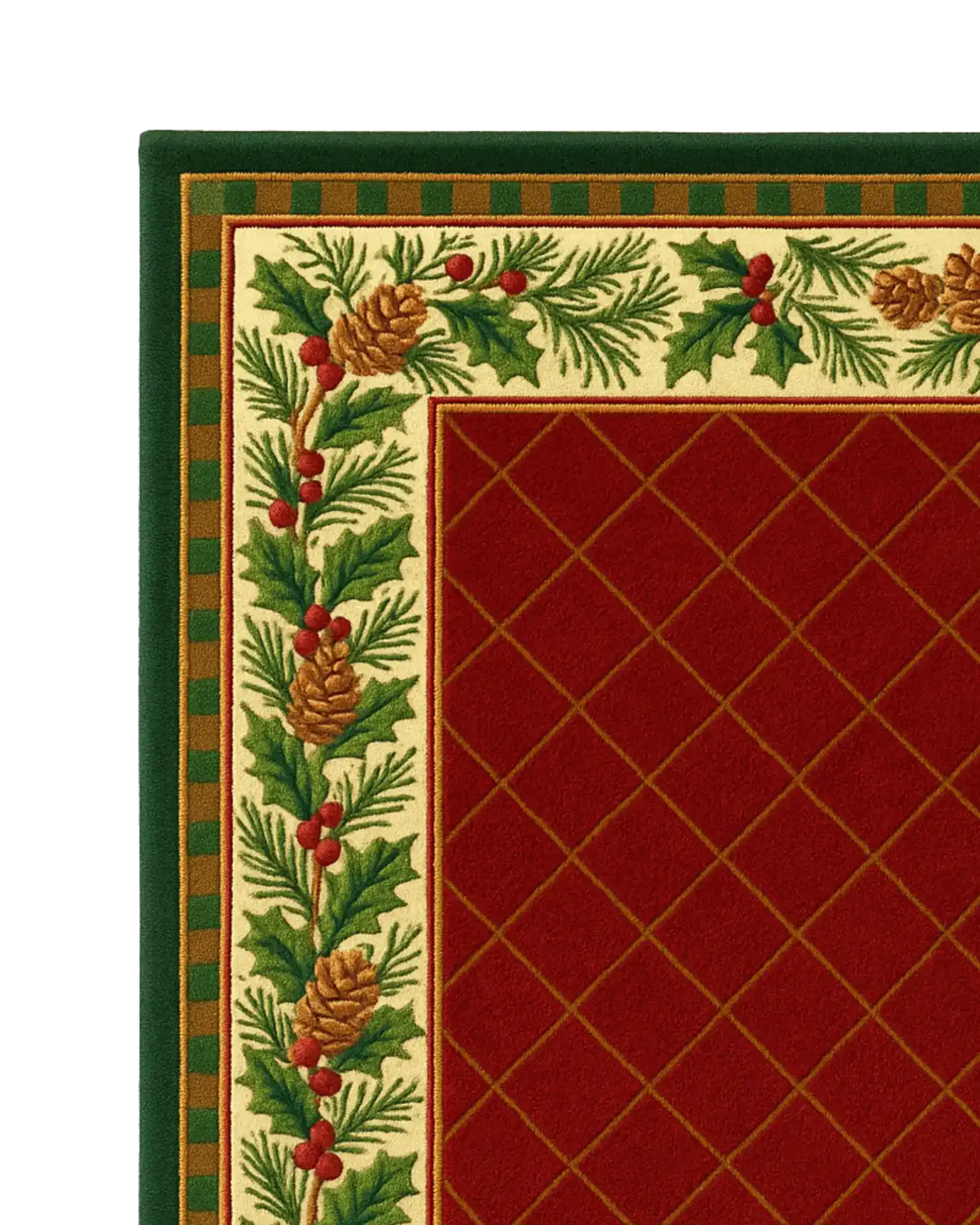Luxury tartan holiday rug with pinecone and holly design.