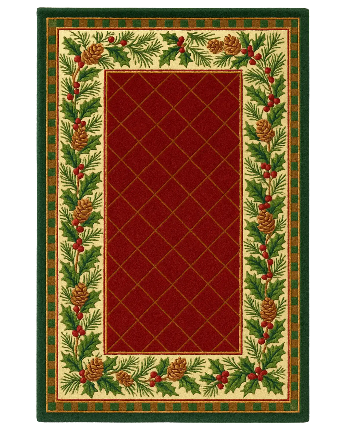 Hand-tufted plaid tartan Christmas rug with pinecone border.