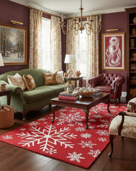 Red and ivory Christmas snowflake runner area rug with a hand-tufted finish, featuring festive patterns that add a warm holiday accent to living rooms, hallways or entryways