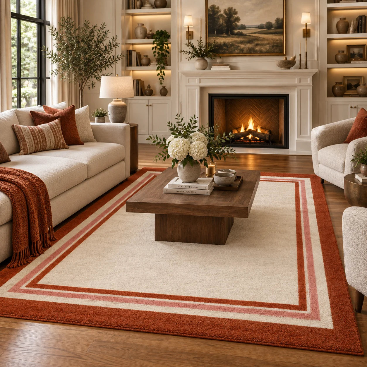 Red border wool area rug styled in a living room 8x10